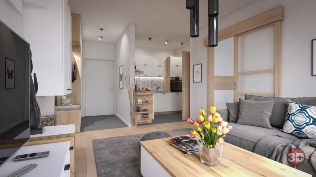 Wizualizacja wnetrza mieszkania salon kuchnia