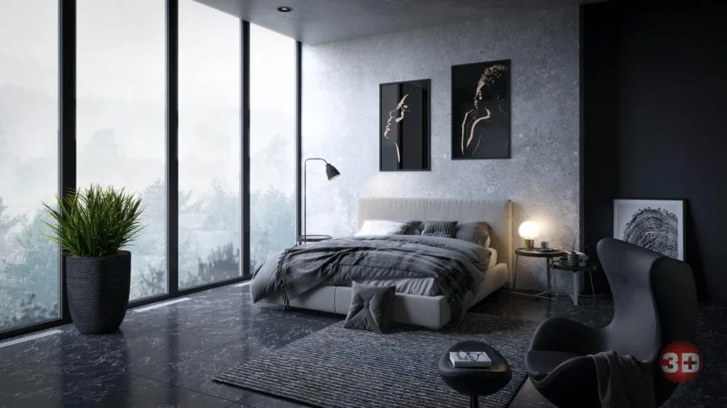 Wizualizacje mebli sypialnia ciemne wnetrze