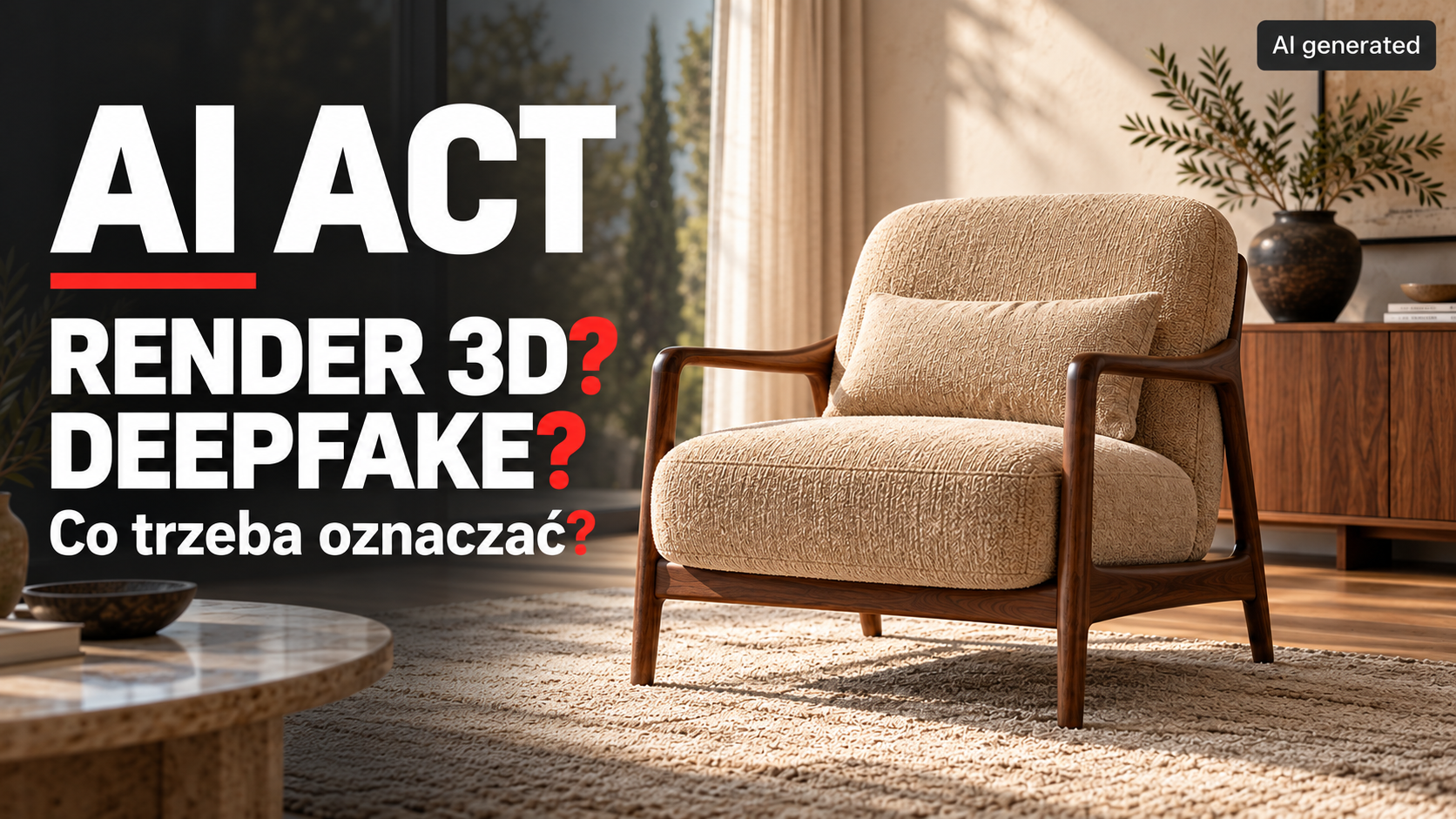 AI Act: render 3D czy deepfake? Co trzeba oznaczać? Fotel w aranżacji z oznaczeniem AI generated