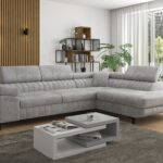 3D visualization of an upholstered corner sofa in a living room with wooden slats
