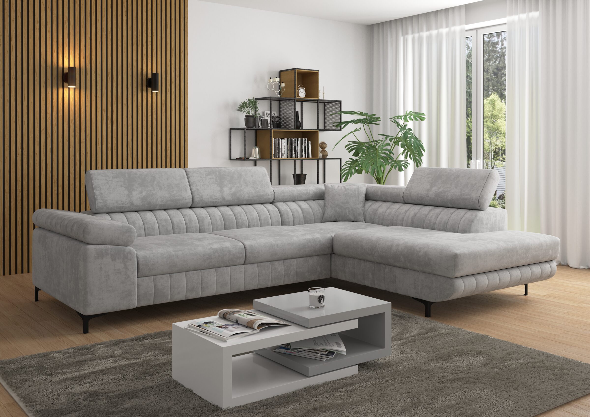 3D visualization of an upholstered corner sofa in a living room with wooden slats