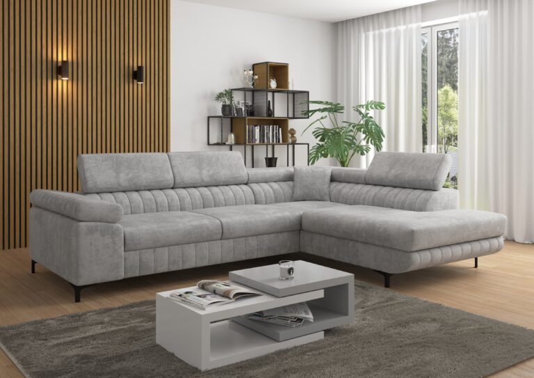 3D visualization of an upholstered corner sofa in a living room with wooden slats